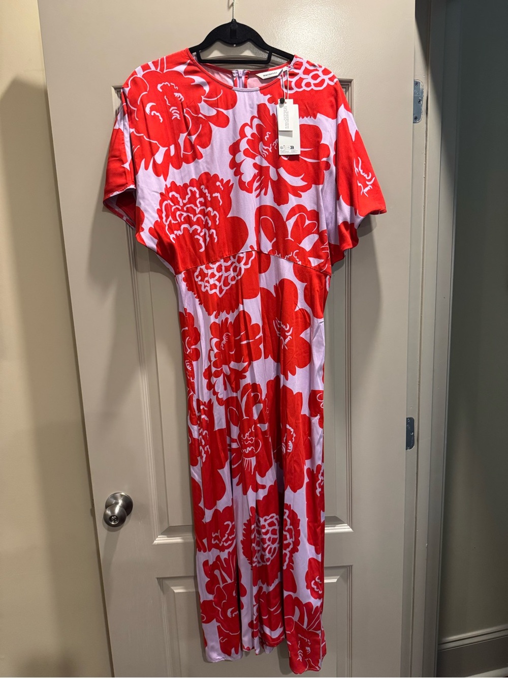 NWT Marimekko Heleä Pioni Maxi Dress Red Lilac Peony Print Size 42